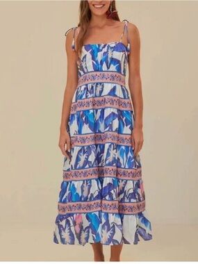 FARM Rio Blue & Pink Tie-Strap Printed Midi Dress